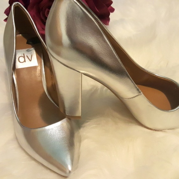 silver metallic pointed heels